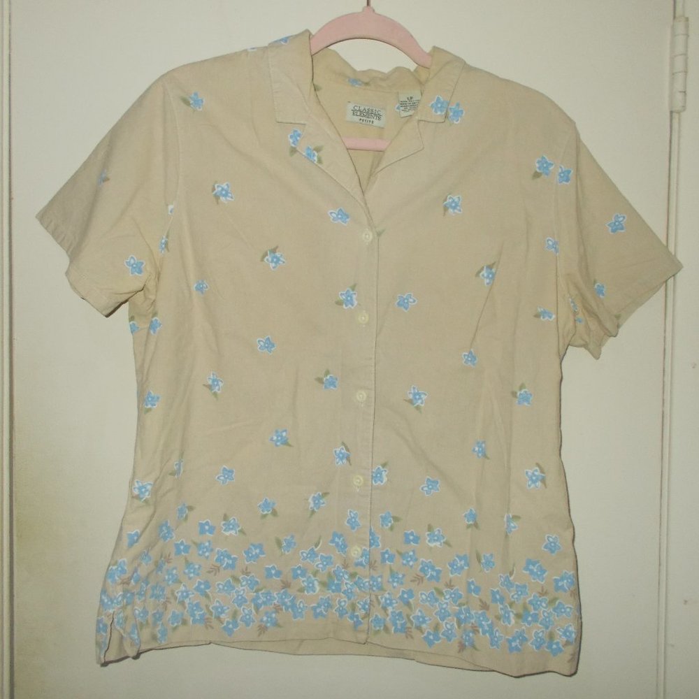 Classic Elements Floral Button Up Top Tan/Blue Size Large Petite